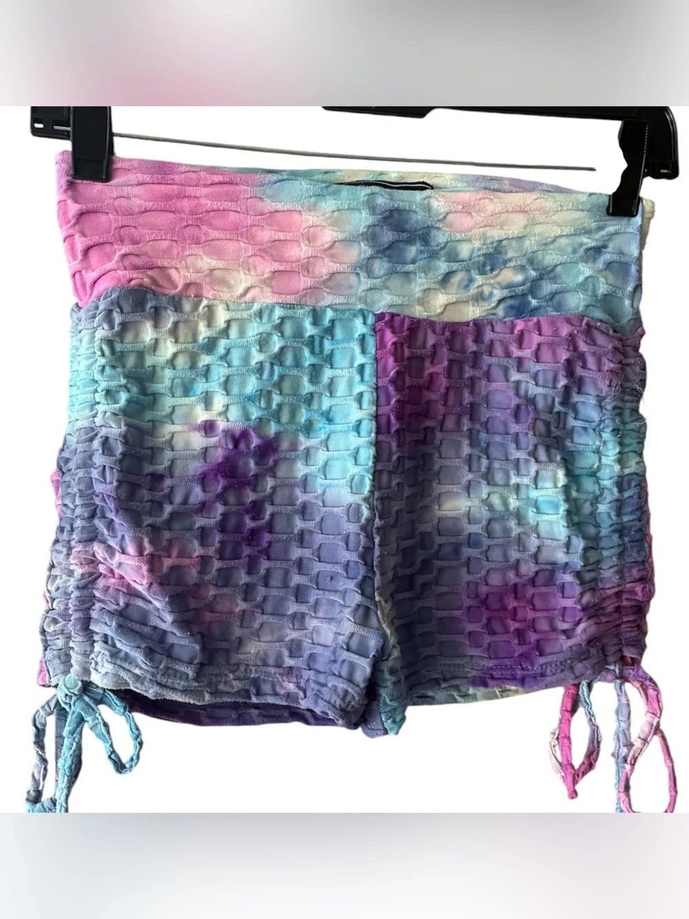 Love‎ University Tie-Dye Ruched Mini Athletic Y2K Shorts Adjustable Ties M